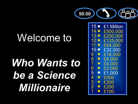 15 14 13 12 11 10 9 8 7 6 5 4 3 2 1 £1 Million £500,000 £250,000 £125,000 £64,000 £32,000 £16,000 £8,000 £4,000 £2,000 £1,000 £500 £300 £200 £100 Welcome.