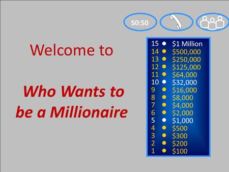 15 14 13 12 11 10 9 8 7 6 5 4 3 2 1 $1 Million $500,000 $250,000 $125,000 $64,000 $32,000 $16,000 $8,000 $4,000 $2,000 $1,000 $500 $300 $200 $100 Welcome.