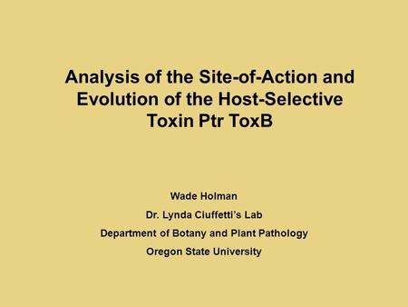 Analysis of the Site-of-Action and Evolution of the Host-Selective Toxin Ptr ToxB Wade Holman Dr. Lynda Ciuffetti’s Lab Department of Botany and Plant.