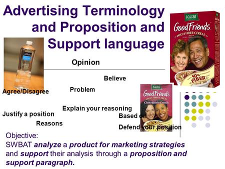 Advertising Terminology and Proposition and Support language Reasons Believe Explain your reasoning Opinion Problem Agree/Disagree Justify a position Based.