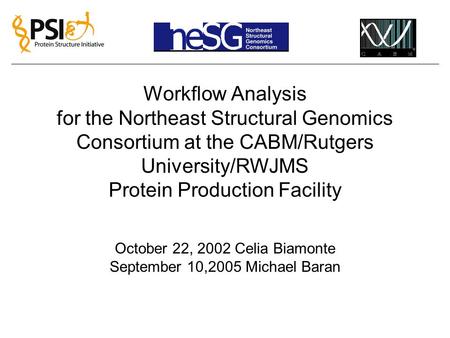 Workflow Analysis for the Northeast Structural Genomics Consortium at the CABM/Rutgers University/RWJMS Protein Production Facility October 22, 2002 Celia.