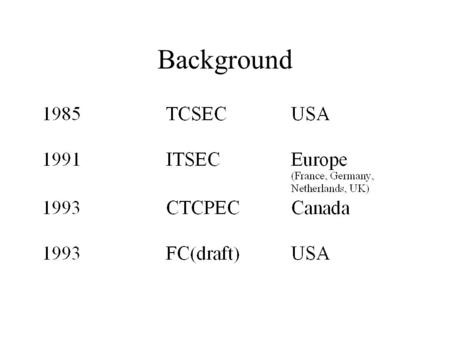 Background. History TCSEC Issues non-standard inflexible not scalable.