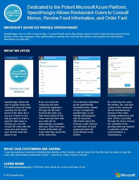 Dedicated to the Potent Microsoft Azure Platform, SpeedHungry Allows Restaurant-Goers to Consult Menus, Review Food Information, and Order Fast MICROSOFT.