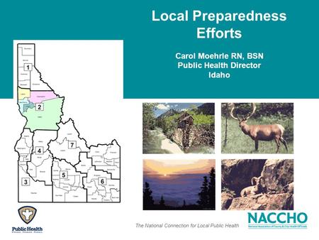 The National Connection for Local Public Health Local Preparedness Efforts Carol Moehrle RN, BSN Public Health Director Idaho.