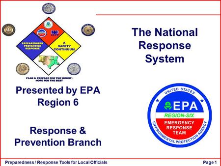 Preparedness / Response Tools for Local OfficialsPage 1 The National Response System Presented by EPA Region 6 Response & Prevention Branch.