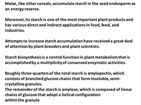 Maize, like other cereals, accumulate starch in the seed endosperm as an energy reserve. Moreover, its starch is one of the most important plant products.