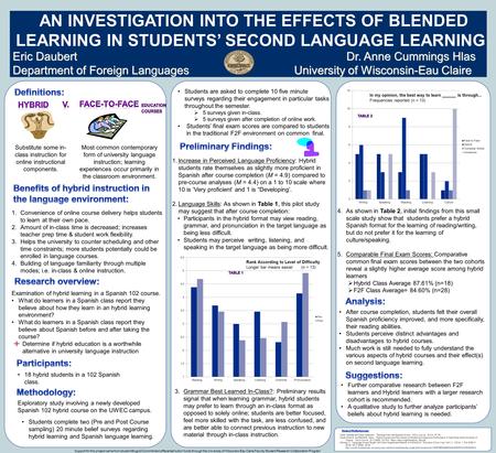 Eric DaubertDr. Anne Cummings Hlas Department of Foreign Languages University of Wisconsin-Eau Claire AN INVESTIGATION INTO THE EFFECTS OF BLENDED LEARNING.