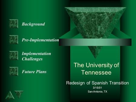 The University of Tennessee Redesign of Spanish Transition 3/15/01 San Antonio, TX Background Pre-Implementation Implementation Challenges Future Plans.