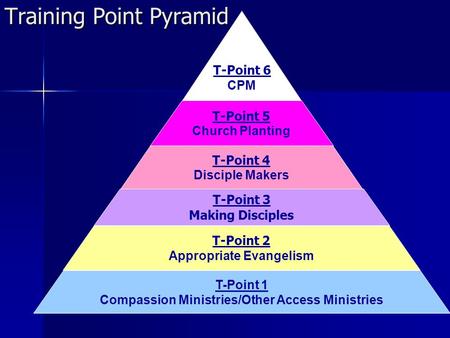 T-Point 1 Compassion Ministries/Other Access Ministries T-Point 2 Appropriate Evangelism T-Point 3 Making Disciples T-Point 4 Disciple Makers T-Point 5.