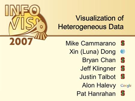 Visualization of Heterogeneous Data Mike Cammarano Xin (Luna) Dong Bryan Chan Jeff Klingner Justin Talbot Alon Halevy Pat Hanrahan.