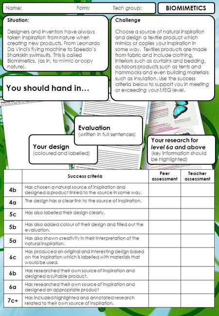 Name: Form: Tech group: BIOMIMETICS Situation: Designers and inventors have always taken inspiration from nature when creating new products. From Leonardo.
