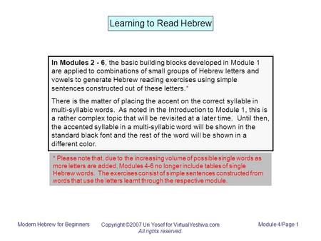 Copyright ©2007 Uri Yosef for VirtualYeshiva.com All rights reserved. Module 4/Page 1Modern Hebrew for Beginners Learning to Read Hebrew In Modules 2 -