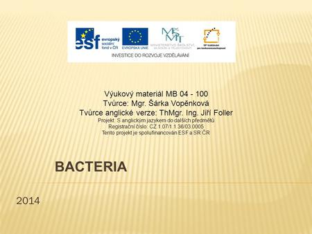 2014 BACTERIA Výukový materiál MB 04 - 100 Tvůrce: Mgr. Šárka Vopěnková Tvůrce anglické verze: ThMgr. Ing. Jiří Foller Projekt: S anglickým jazykem do.