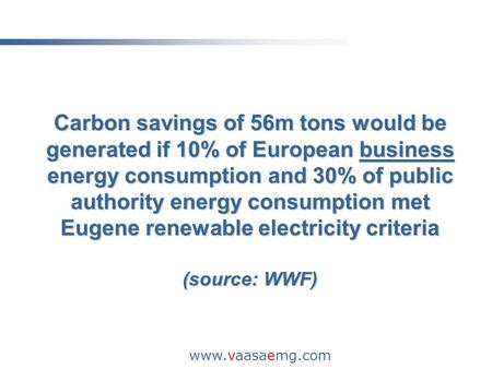 Www.vaasaemg.com Carbon savings of 56m tons would be generated if 10% of European business energy consumption and 30% of public authority energy consumption.