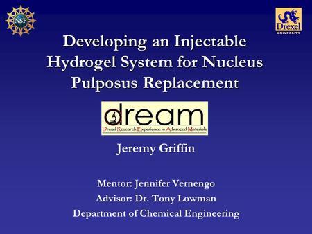 Developing an Injectable Hydrogel System for Nucleus Pulposus Replacement Jeremy Griffin Mentor: Jennifer Vernengo Advisor: Dr. Tony Lowman Department.