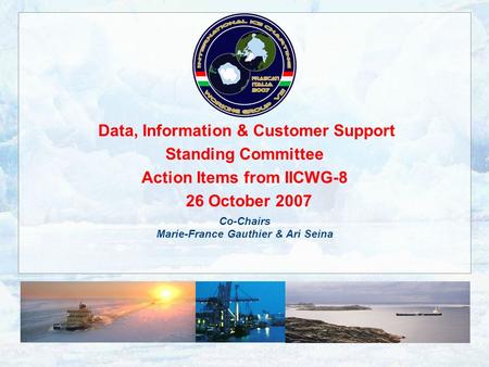 Data, Information & Customer Support Standing Committee Action Items from IICWG-8 26 October 2007 Co-Chairs Marie-France Gauthier & Ari Seina.