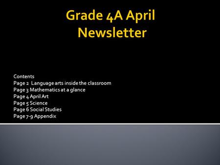 Contents Page 2 Language arts inside the classroom Page 3 Mathematics at a glance Page 4 April Art Page 5 Science Page 6 Social Studies Page 7-9 Appendix.