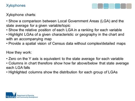 Xylophones Xylophone charts: Show a comparison between Local Government Areas (LGA) and the state average for a given variable/topic Show the relative.