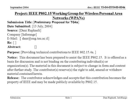 Doc.: IEEE 15-04-0519-00-004a Submission September 2004 Dani Raphaeli, InfoRange Slide 1 Project: IEEE P802.15 Working Group for Wireless Personal Area.