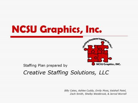 NCSU Graphics, Inc. Staffing Plan prepared by Creative Staffing Solutions, LLC Billy Cates, Ashlee Cuddy, Emily Moss, Vaishali Patel, Zach Smith, Shelby.