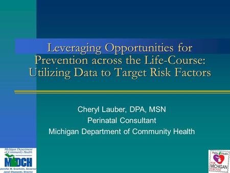 Leveraging Opportunities for Prevention across the Life-Course: Utilizing Data to Target Risk Factors Cheryl Lauber, DPA, MSN Perinatal Consultant Michigan.