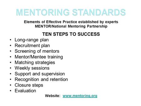 Elements of Effective Practice established by experts MENTOR/National Mentoring Partnership TEN STEPS TO SUCCESS Long-range plan Recruitment plan Screening.