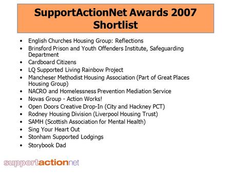 SupportActionNet Awards 2007 Shortlist English Churches Housing Group: Reflections Brinsford Prison and Youth Offenders Institute, Safeguarding Department.