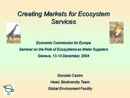 Creating Markets for Ecosystem Services Economic Commission for Europe Seminar on the Role of Ecosystems as Water Suppliers Geneva, 13-14 December, 2004.