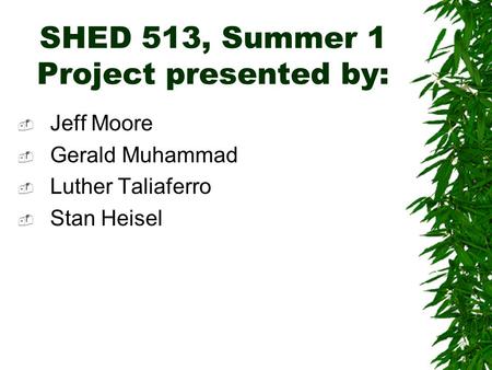 SHED 513, Summer 1 Project presented by:  Jeff Moore  Gerald Muhammad  Luther Taliaferro  Stan Heisel.