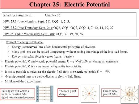 Chapter 25: Electric Potential Reading assignment: Chapter 25 HW. 25.1 (due Monday, Sept. 21): CQ2, 1, 2, 3, HW. 25.2 (due Thursday, Sept. 24): OQ2, OQ5,