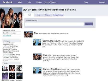 Facebook Styx just got back from our theatre tour! Had a great time! WallInfoPhotosSongs/VideosStyxLogout View photos of Styx Send Styx a message Styx.