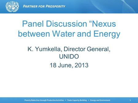 Panel Discussion “Nexus between Water and Energy K. Yumkella, Director General, UNIDO 18 June, 2013 1.