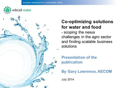 Co-optimizing solutions for water and food - scoping the nexus challenges in the agro sector and finding scalable business solutions Presentation of the.