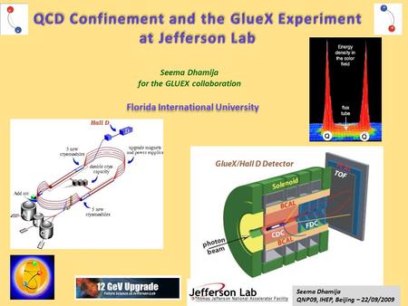 Seema Dhamija for the GLUEX collaboration Florida International University Seema Dhamija QNP09, IHEP, Beijing – 22/09/2009.