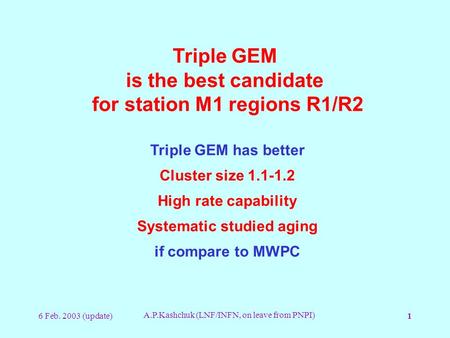 6 Feb. 2003 (update) A.P.Kashchuk (LNF/INFN, on leave from PNPI) 1 Triple GEM is the best candidate for station M1 regions R1/R2 Triple GEM has better.