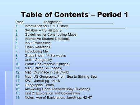 Table of Contents – Period 1 PageAssignment 1.Information for U. S. History 2.Syllabus – US History 8 3.Guidelines for Constructing Maps 4.Interactive.