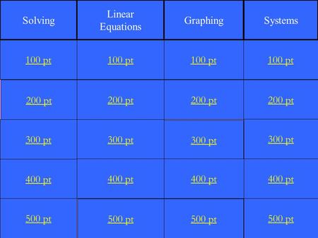 100 pt 200 pt 300 pt 400 pt 500 pt 100 pt 200 pt 300 pt 400 pt 500 pt 100 pt 200 pt 300 pt 400 pt 500 pt 100 pt 200 pt 300 pt 400 pt 500 pt Solving Linear.