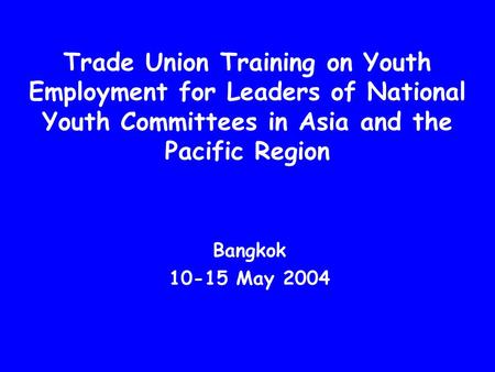 Trade Union Training on Youth Employment for Leaders of National Youth Committees in Asia and the Pacific Region Bangkok 10-15 May 2004.