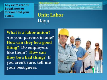 1 Any extra credit? Speak now or forever hold your peace. What will we learn today? What will we learn today? 12.4.1 Operations of the labor market, establishment.