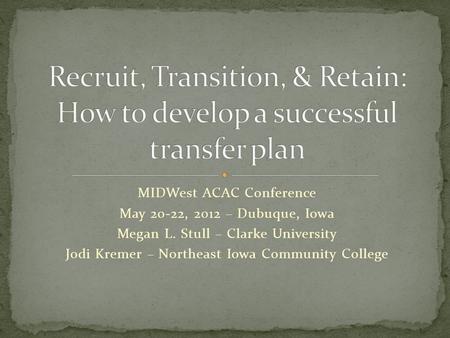 MIDWest ACAC Conference May 20-22, 2012 – Dubuque, Iowa Megan L. Stull – Clarke University Jodi Kremer – Northeast Iowa Community College.