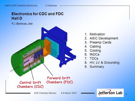 1 Hall D Drift Chamber ElectronicsFJ Barbosa Drift Chamber Review6-8 March 2007 Electronics for CDC and FDC Hall D 1.Motivation 2.ASIC Development 3.Preamp.