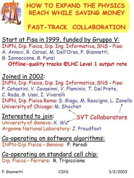 HOW TO EXPAND THE PHYSICS REACH WHILE SAVING MONEY FAST-TRACK COLLABORATION Start at Pisa in 1999, funded by Gruppo V: INFN, Dip. Fisica, Dip. Ing. Informatica,