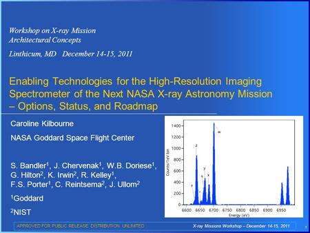 1 Workshop on X-ray Mission Architectural Concepts Linthicum, MD December 14-15, 2011 Enabling Technologies for the High-Resolution Imaging Spectrometer.