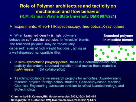 Role of Polymer architecture and tacticity on mechanical and flow behavior (R.M. Kannan, Wayne State University, DMR 9876221)  Experiments: Rheo-FTIR.