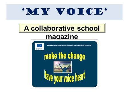 A collaborative school magazine ‘MY VOICE’. GENERAL DIRECTIONS Decide on the sections Form groups Undertake roles Decide on the topics Find/create and.