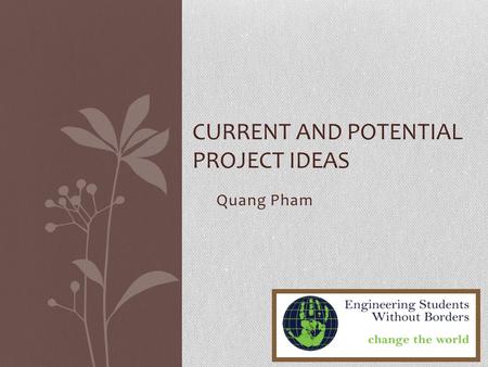 Quang Pham CURRENT AND POTENTIAL PROJECT IDEAS. Sustainable Fitness Project Personal experience with working out Idea: generate electricity while you.