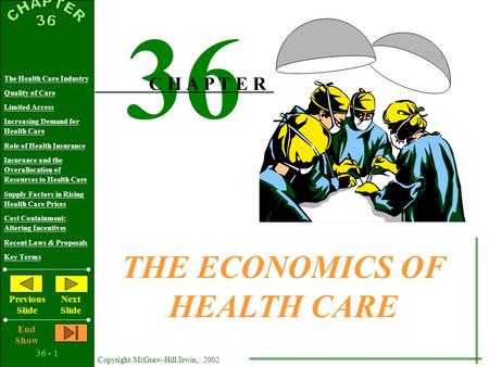 36 - 1 Copyright McGraw-Hill/Irwin, 2002 The Health Care Industry Quality of Care Limited Access Increasing Demand for Health Care Role of Health Insurance.