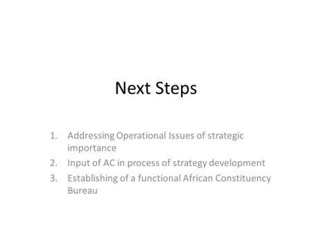 Next Steps 1.Addressing Operational Issues of strategic importance 2.Input of AC in process of strategy development 3.Establishing of a functional African.