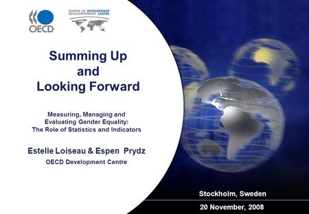 Measuring, Managing and Evaluating Gender Equality: The Role of Statistics and Indicators Stockholm, Sweden 20 November, 2008 Summing Up and Looking Forward.