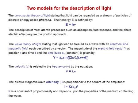 Two models for the description of light The corpuscular theory of light stating that light can be regarded as a stream of particles of discrete energy.